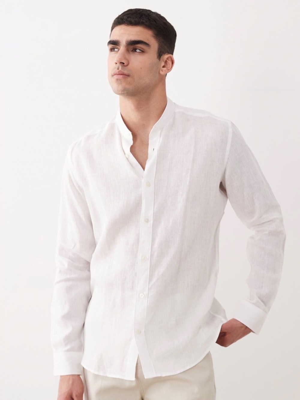 Mango 100% linen stand collar long sleeve shirt in white XS